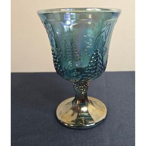 Indiana Glass Iridesant Blue Carnival Glass Goblet Harvest Grape Pattern Vintage